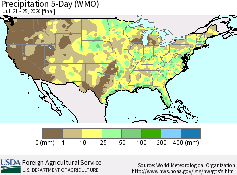 United States Precipitation 5-Day (WMO) Thematic Map For 7/21/2020 - 7/25/2020