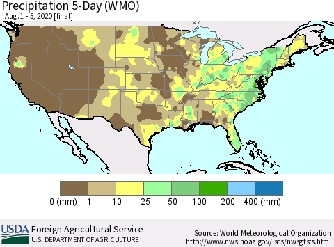 United States Precipitation 5-Day (WMO) Thematic Map For 8/1/2020 - 8/5/2020
