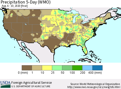 United States Precipitation 5-Day (WMO) Thematic Map For 8/6/2020 - 8/10/2020