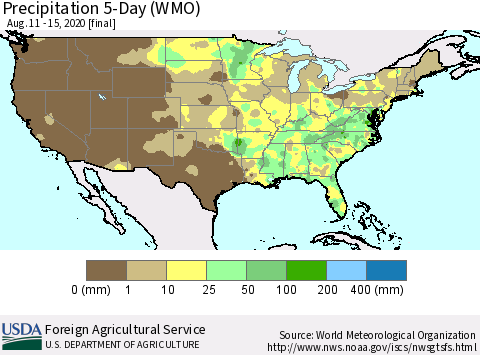 United States Precipitation 5-Day (WMO) Thematic Map For 8/11/2020 - 8/15/2020