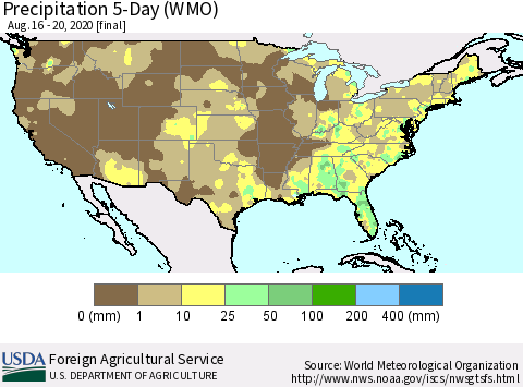 United States Precipitation 5-Day (WMO) Thematic Map For 8/16/2020 - 8/20/2020