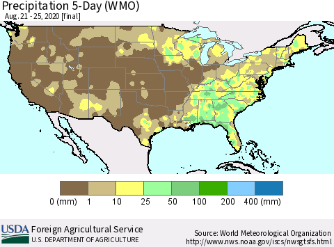 United States Precipitation 5-Day (WMO) Thematic Map For 8/21/2020 - 8/25/2020