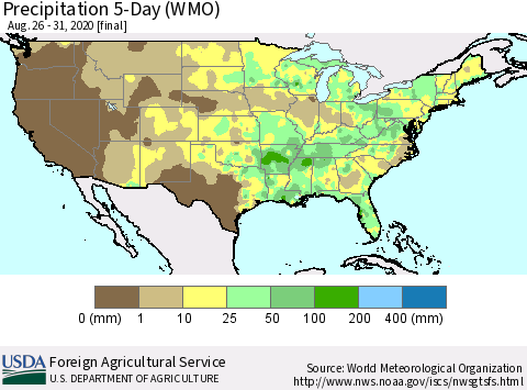 United States Precipitation 5-Day (WMO) Thematic Map For 8/26/2020 - 8/31/2020