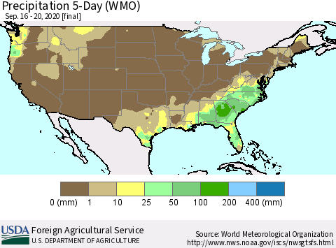 United States Precipitation 5-Day (WMO) Thematic Map For 9/16/2020 - 9/20/2020
