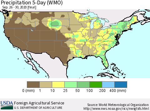 United States Precipitation 5-Day (WMO) Thematic Map For 9/26/2020 - 9/30/2020