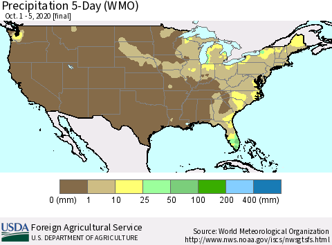 United States Precipitation 5-Day (WMO) Thematic Map For 10/1/2020 - 10/5/2020