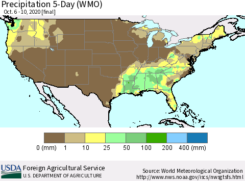 United States Precipitation 5-Day (WMO) Thematic Map For 10/6/2020 - 10/10/2020