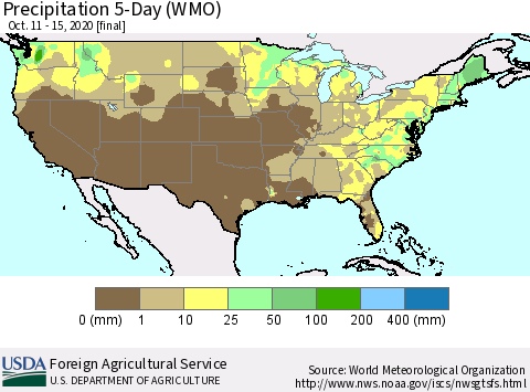 United States Precipitation 5-Day (WMO) Thematic Map For 10/11/2020 - 10/15/2020