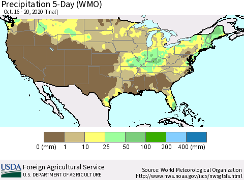 United States Precipitation 5-Day (WMO) Thematic Map For 10/16/2020 - 10/20/2020