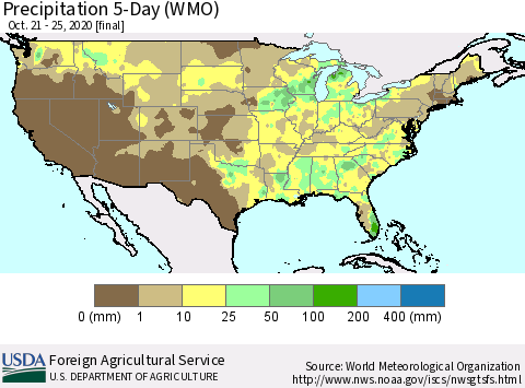United States Precipitation 5-Day (WMO) Thematic Map For 10/21/2020 - 10/25/2020