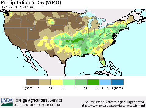 United States Precipitation 5-Day (WMO) Thematic Map For 10/26/2020 - 10/31/2020