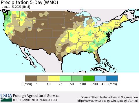 United States Precipitation 5-Day (WMO) Thematic Map For 1/1/2021 - 1/5/2021