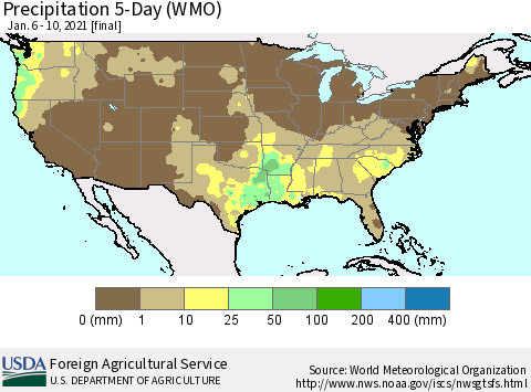 United States Precipitation 5-Day (WMO) Thematic Map For 1/6/2021 - 1/10/2021