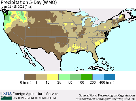 United States Precipitation 5-Day (WMO) Thematic Map For 1/11/2021 - 1/15/2021