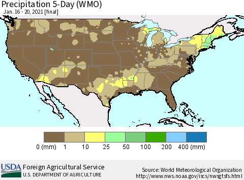 United States Precipitation 5-Day (WMO) Thematic Map For 1/16/2021 - 1/20/2021