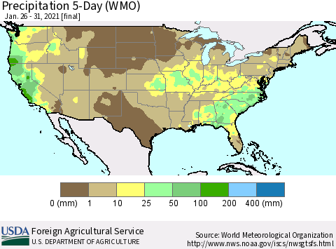 United States Precipitation 5-Day (WMO) Thematic Map For 1/26/2021 - 1/31/2021