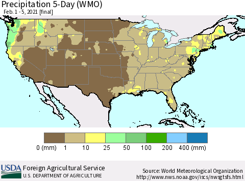 United States Precipitation 5-Day (WMO) Thematic Map For 2/1/2021 - 2/5/2021