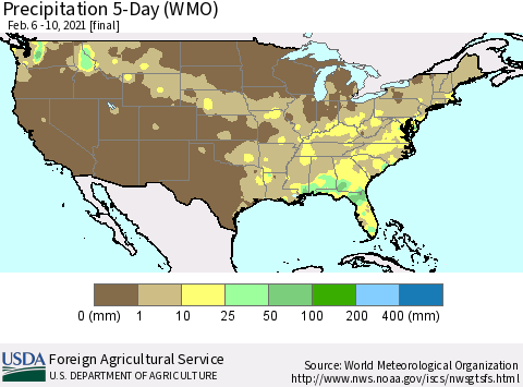 United States Precipitation 5-Day (WMO) Thematic Map For 2/6/2021 - 2/10/2021