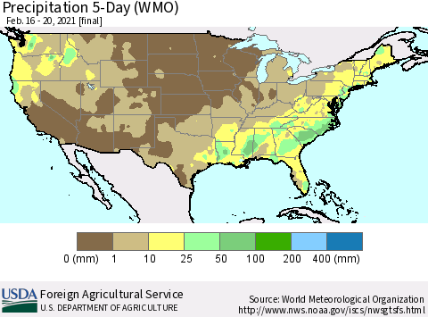 United States Precipitation 5-Day (WMO) Thematic Map For 2/16/2021 - 2/20/2021