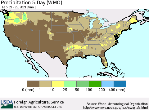 United States Precipitation 5-Day (WMO) Thematic Map For 2/21/2021 - 2/25/2021