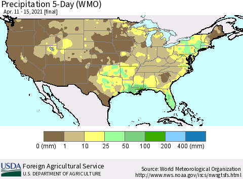 United States Precipitation 5-Day (WMO) Thematic Map For 4/11/2021 - 4/15/2021