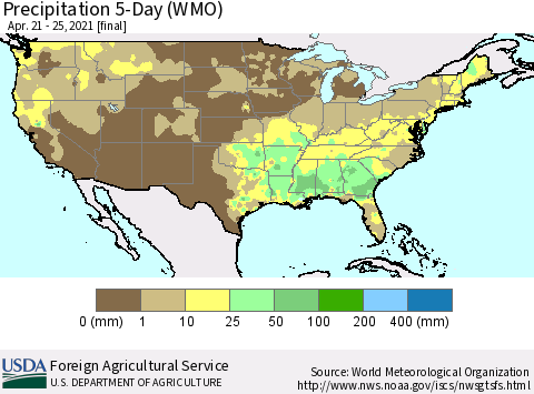 United States Precipitation 5-Day (WMO) Thematic Map For 4/21/2021 - 4/25/2021