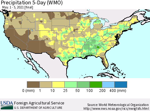 United States Precipitation 5-Day (WMO) Thematic Map For 5/1/2021 - 5/5/2021