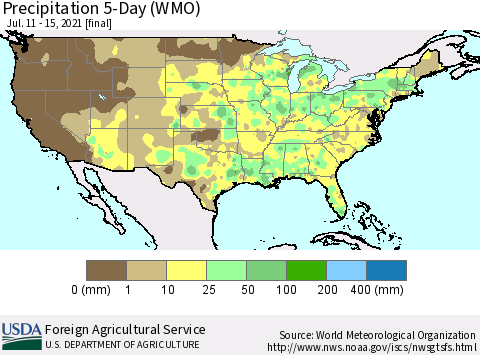 United States Precipitation 5-Day (WMO) Thematic Map For 7/11/2021 - 7/15/2021