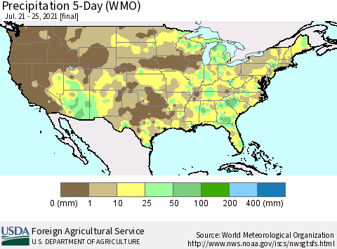 United States Precipitation 5-Day (WMO) Thematic Map For 7/21/2021 - 7/25/2021