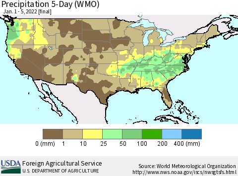 United States Precipitation 5-Day (WMO) Thematic Map For 1/1/2022 - 1/5/2022