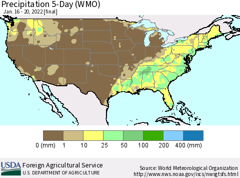 United States Precipitation 5-Day (WMO) Thematic Map For 1/16/2022 - 1/20/2022