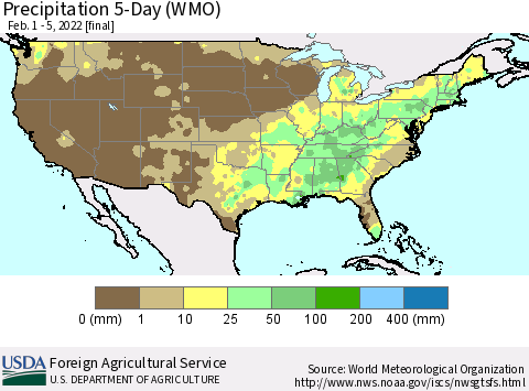 United States Precipitation 5-Day (WMO) Thematic Map For 2/1/2022 - 2/5/2022