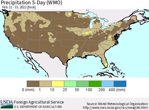 United States Precipitation 5-Day (WMO) Thematic Map For 2/11/2022 - 2/15/2022