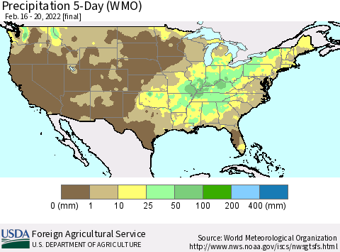 United States Precipitation 5-Day (WMO) Thematic Map For 2/16/2022 - 2/20/2022