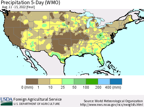 United States Precipitation 5-Day (WMO) Thematic Map For 8/11/2022 - 8/15/2022