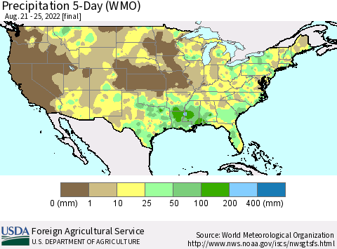 United States Precipitation 5-Day (WMO) Thematic Map For 8/21/2022 - 8/25/2022