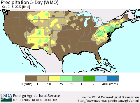 United States Precipitation 5-Day (WMO) Thematic Map For 10/1/2022 - 10/5/2022