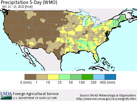 United States Precipitation 5-Day (WMO) Thematic Map For 10/11/2022 - 10/15/2022