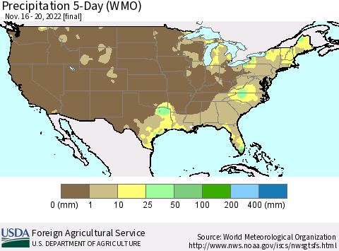 United States Precipitation 5-Day (WMO) Thematic Map For 11/16/2022 - 11/20/2022