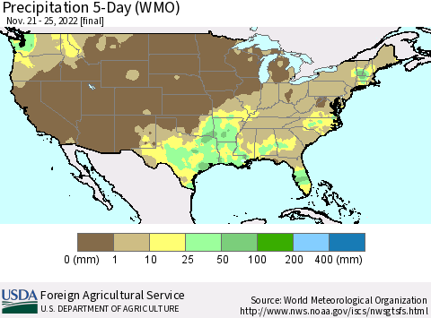 United States Precipitation 5-Day (WMO) Thematic Map For 11/21/2022 - 11/25/2022