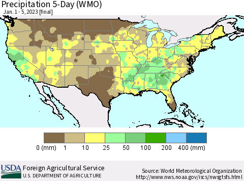 United States Precipitation 5-Day (WMO) Thematic Map For 1/1/2023 - 1/5/2023