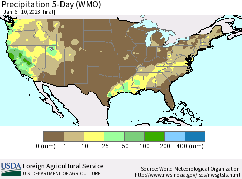 United States Precipitation 5-Day (WMO) Thematic Map For 1/6/2023 - 1/10/2023