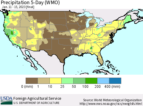 United States Precipitation 5-Day (WMO) Thematic Map For 1/11/2023 - 1/15/2023