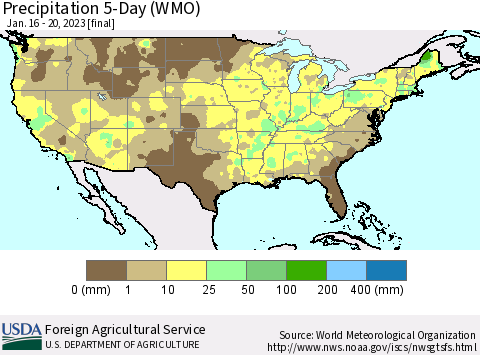 United States Precipitation 5-Day (WMO) Thematic Map For 1/16/2023 - 1/20/2023