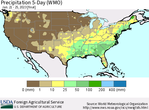 United States Precipitation 5-Day (WMO) Thematic Map For 1/21/2023 - 1/25/2023