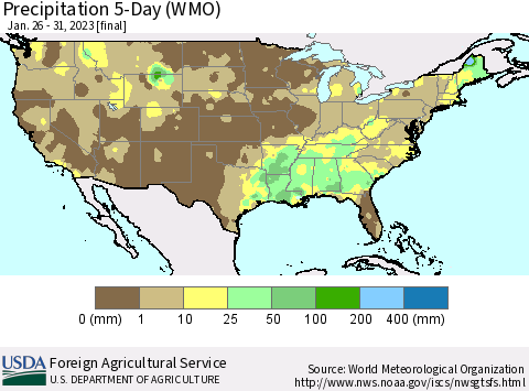 United States Precipitation 5-Day (WMO) Thematic Map For 1/26/2023 - 1/31/2023