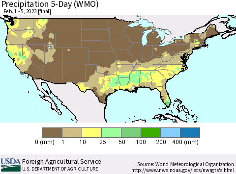 United States Precipitation 5-Day (WMO) Thematic Map For 2/1/2023 - 2/5/2023