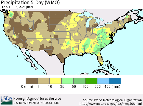 United States Precipitation 5-Day (WMO) Thematic Map For 2/11/2023 - 2/15/2023