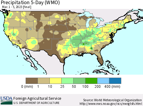 United States Precipitation 5-Day (WMO) Thematic Map For 3/1/2023 - 3/5/2023
