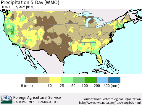United States Precipitation 5-Day (WMO) Thematic Map For 3/11/2023 - 3/15/2023